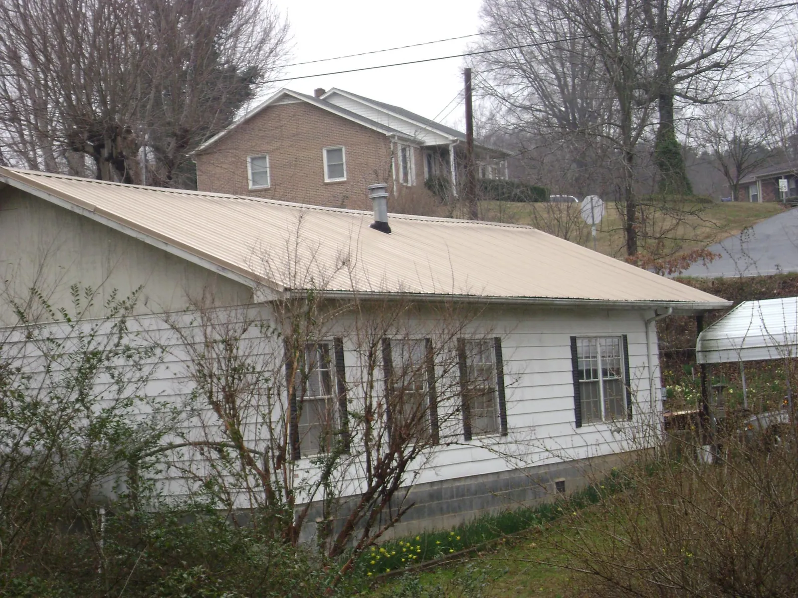 Tan metal roof on a white sided house set into a hillside in Roper